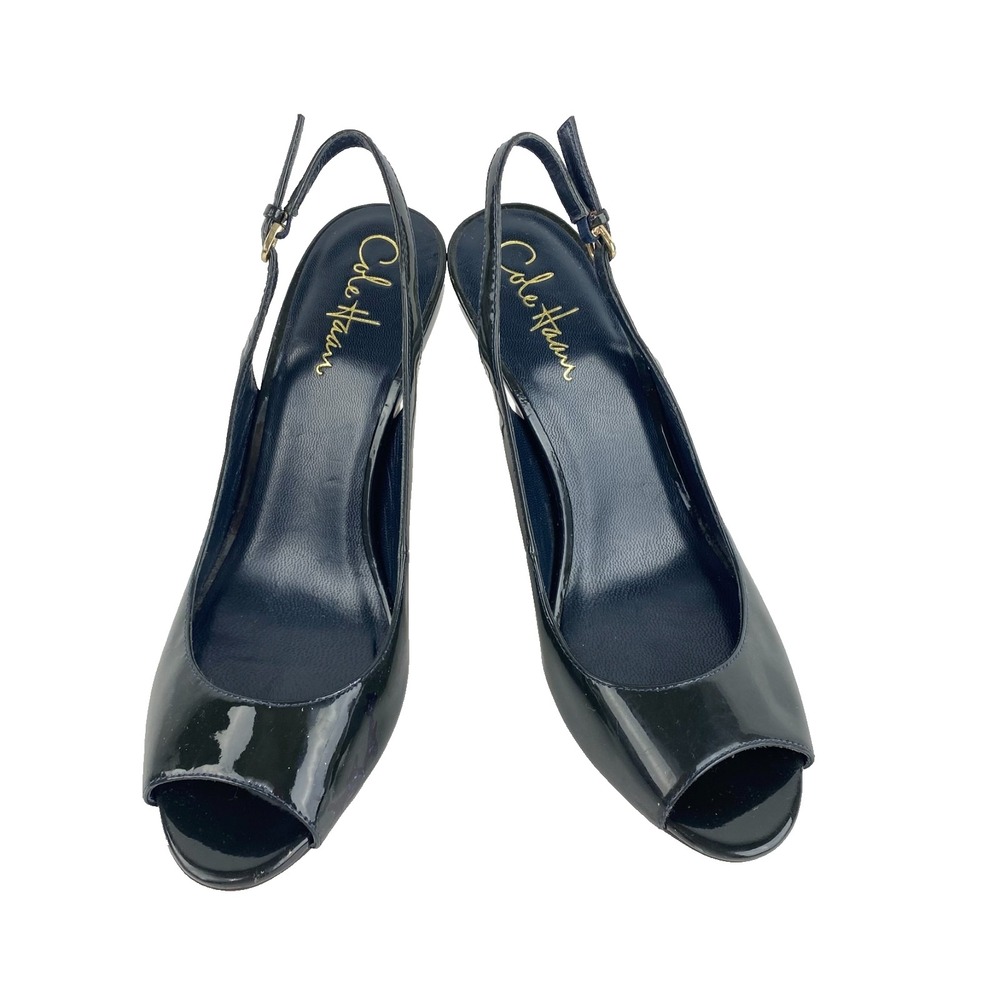 Cole Haan NikeAir Patent Leather Heels Women's 7B Black Open Toe Slingback Pumps - Picture 2 of 8